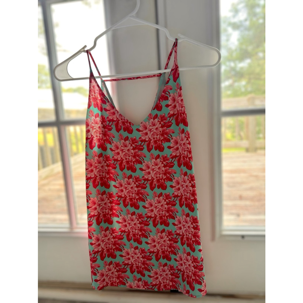 Talbots Chiffon Tank Top Womens Large Lined Green Pink Floral Sleeveless